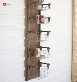 Recycled Wood & Metal Wall Rack W Six Wire Storage Baskets 9.5" X 12.5" X 56"T