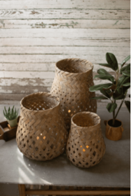 Set Of Three Woven Bamboo Lanterns With Glass