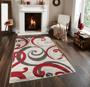 3'8" x 5'6" Red Swirls Hand-Carved Soft Contemporary Rug