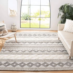 6x6 Feet Square Grey/Ivory Handmade Boho Wool Cotton Rug