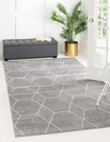 8x10 Feet Grey Ivory Trellis Geometric Modern Stripe Rug