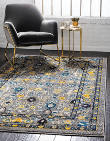 9x12 Grey Yellow Blue Floral Oriental Traditional Area Rug