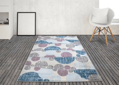 5x7 Feet Blue Ivory Pink Polka Dot Geometric Area Rug