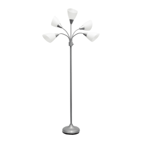 Simple Designs 5 Light Adjustable Gooseneck Silver Floor Lamp with White Shades