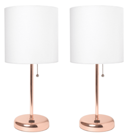 LimeLights Rose Gold Stick Lamp with USB charging port and Fabric Shade 2 Pack Set