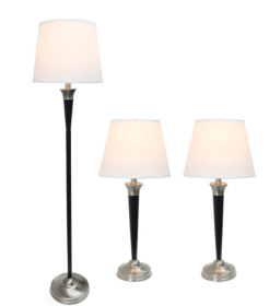 Elegant Designs Malbec Black and Brushed Nickel 3 Pack Lamp Set (2 Table Lamps, 1 Floor Lamp)