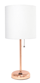 LimeLights Rose Gold Stick Lamp with Charging Outlet and Fabric Shade