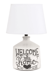 Simple Designs Welcome Home Rustic Ceramic Farmhouse Foyer Entryway Accent Table Lamp with Fabric Shade