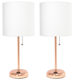 LimeLights Rose Gold Stick Lamp with Charging Outlet and Fabric Shade (Set of 2)