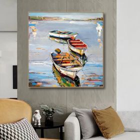 Hand Painted Oil Painting Canoe oil Paintings Nordic Seascape-Hand-Painted- Colorful Boats Oil Painting-Wall Art Handmade- For Home Decoration - 90x90