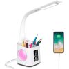 LED Desk Lamp with USB Charging Port&Pen Holder, Study Light with Clock - White