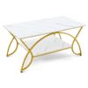 2-Tier Faux Marble Coffee Table with Marble Top and Metal Frame - White