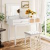 43.3" Classic Wood Makeup Vanity Set with Flip-top Mirror and Stool, Dressing Table with Three Drawers and storage space, White - as Pic