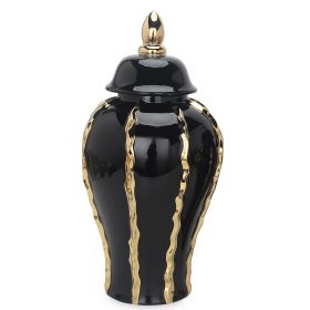 Elegant Black Ceramic Ginger Jar Vase with Gold Accents and Removable Lid - Timeless Home Decor - as Pic