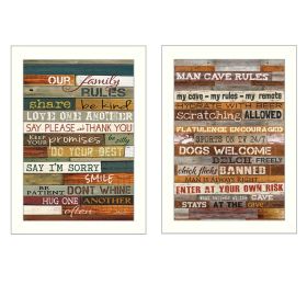 "Family and Man Cave Rules Collection" 2-Piece Vignette By Marla Rae, Printed Wall Art, Ready To Hang Framed Poster, White Frame - as Pic