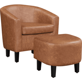 Barrel Accent Chair with Ottoman - Brown Faux Leather