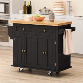 Kitchen Island Cart with Two Storage Cabinets and Two Locking Wheels,43.31 Inch Width,4 Door Cabinet and Two Drawers,Spice Rack, Towel Rack - Black