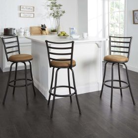 3 Pack Adjustable 24" or 29" Bronze Ladder Back Swivel Barstool, Espresso Vegan Leather Seat - Tan