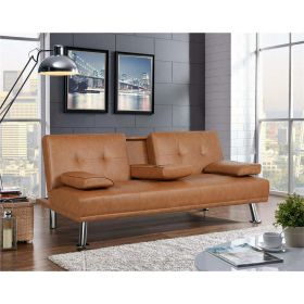 LuxuryGoods Modern Faux Leather Futon with Cupholders and Pillows - Brown