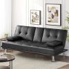 LuxuryGoods Modern Faux Leather Futon with Cupholders and Pillows - Black