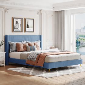 Queen Size Corduroy Platform Bed with Metal Legs - Blue