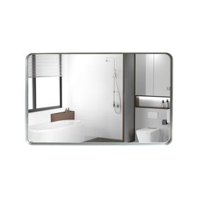 30x20inch Glossy Brushed Silver Rounded Corner Rectangle Bathroom Mirror For Wall Metal Frame Deep Set Design Hangs Wall Mounted Bathroom Mirror(Horiz