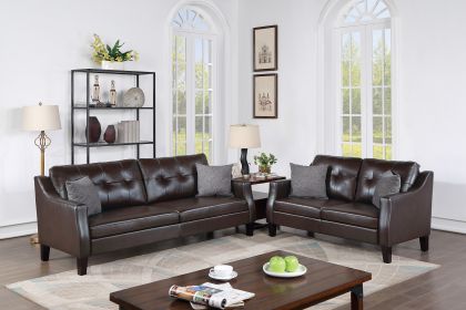 Contemporary Living Room Furniture 2-Pcs Sofa Set Dark Brown Gel Leatherette Couch Sofa And Loveseat Plush Cushion Tufted Plush Sofa Pillows - as Pic