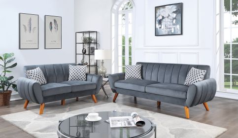 Contemporary 2-Pcs Sofa Set Living Room Furniture Dark Gray Velvet Couch Sofa And Loveseat Plush Cushion Unique Lines Plush Sofa. - as Pic