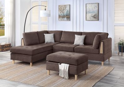 3-PCS Reversible Sectional Set Living Room Furniture Chocolate Color Chenille Couch Sofa, Reversible Chaise Ottoman - as Pic