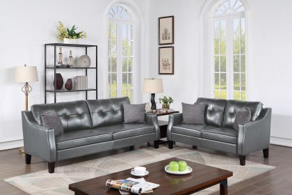 Contemporary Living Room Furniture 2-Pcs Sofa Set Grey Gel Leatherette Couch Sofa And Loveseat Plush Cushion Tufted Plush Sofa Pillows - as Pic