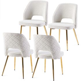 Off White Faux Fur Dinning Chairs with Metal Legs and Hollow Back Upholstered Dining Chairs Set of 4 - as Pic