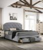 Light Grey Burlap Fabric 1pc Queen Size Bed w Drawer Button Tufted Headboard Storage Bedframe Bedroom Furniture - as Pic