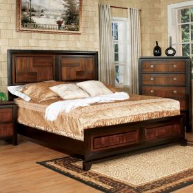 Transitional Queen Size Bed Acacia / Walnut Solidwood 1pcs Bed Bedroom Furniture Parquet Design Headboard And Footboard Bedframe - as Pic