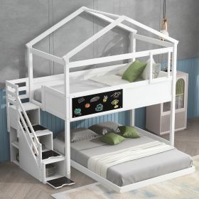 Twin over Full House Bunk Bed with Storage Staircase and Blackboard,White(Old SKU: GX001701AAK) - as Pic