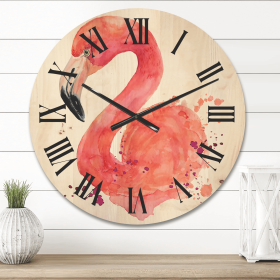 Designart 'Abstract Portrait of Pink Flamingo I' Farmhouse Wood Wall Clock(Size 16" x 16")