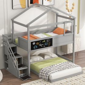 Twin over Full House Bunk Bed with Storage Staircase and Blackboard,Gray(Old SKU: GX001701AAE) - as Pic