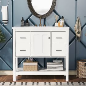 36" White Modern Bathroom Vanity with USB,Two Shallow Drawers, One Deep Drawer,One door,Single Resin Sink,Small Bathroom Organization Cabinet - as Pic