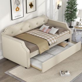 Upholstered Daybed with Trundle, Wood Slat Support,Upholstered Frame Sofa Bed, Twin, Beige - as Pic