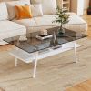 Rectangle Coffee Table, Tempered Glass Tabletop with White Metal Legs, Modern Table for Living Room , Gray Glass - as Pic