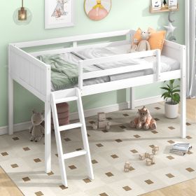 Twin Size Wood Low Loft Bed with Ladder, ladder can be placed on the left or right, White - as Pic