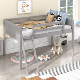 Twin Size Wood Low Loft Bed with Ladder, ladder can be placed on the left or right, Gray - as Pic