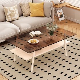 Rectangle Coffee Table, Tempered Glass Tabletop with White Metal Legs, Modern Table for Living Room , Brown Glass - as Pic