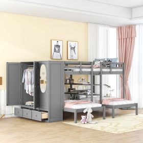 Full-Over-Twin-Twin Bunk Bed with Shelves, Wardrobe and Mirror, Gray - as Pic