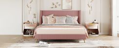 Queen Size Corduroy Platform Bed with Metal Legs - Pink