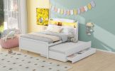 Full Size Platform Bed with Storage LED Headboard, Twin Size Trundle and 3 Drawers, White - as Pic