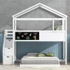 Twin over Full House Bunk Bed with Storage Staircase and Blackboard,White(Old SKU: GX001701AAK) - as Pic