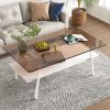 Rectangle Coffee Table, Tempered Glass Tabletop with White Metal Legs, Modern Table for Living Room , Brown Glass - as Pic