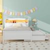 Full Size Platform Bed with Storage LED Headboard, Twin Size Trundle and 3 Drawers, White - as Pic