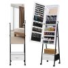 Full mirror wooden floor style, with 1 large drawer, 4 wheels, white light beads, jewelry storage mirror cabinet - white - as picture