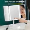 Rechargeable Foldable Makeup Mirror With LED Light 360¬∞ Adjust Wireless 1-3X Magnifying 3 Tone Light Desktop Vanity Table Mirror - three lights - CN